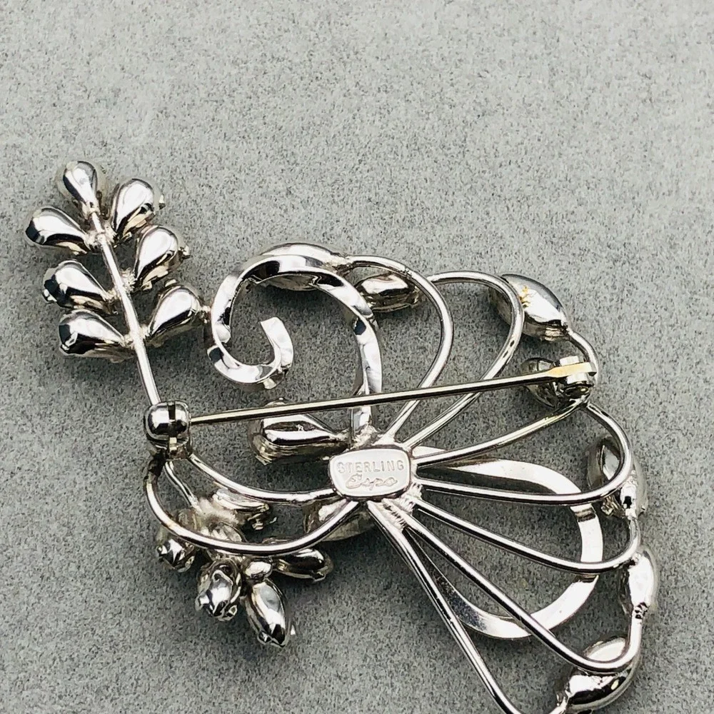 Vintage Sterling Flower Brooch Green Rhinestones Floral Spray‎ Pin Signed ESPO